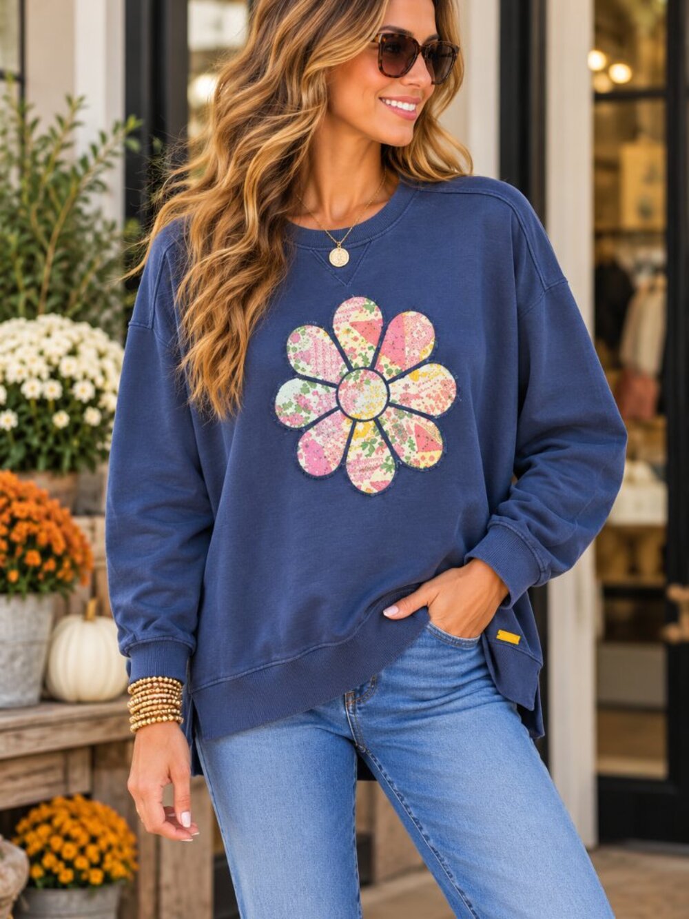 Simply Southern Navy Sweatshirt with Patchwork Flower